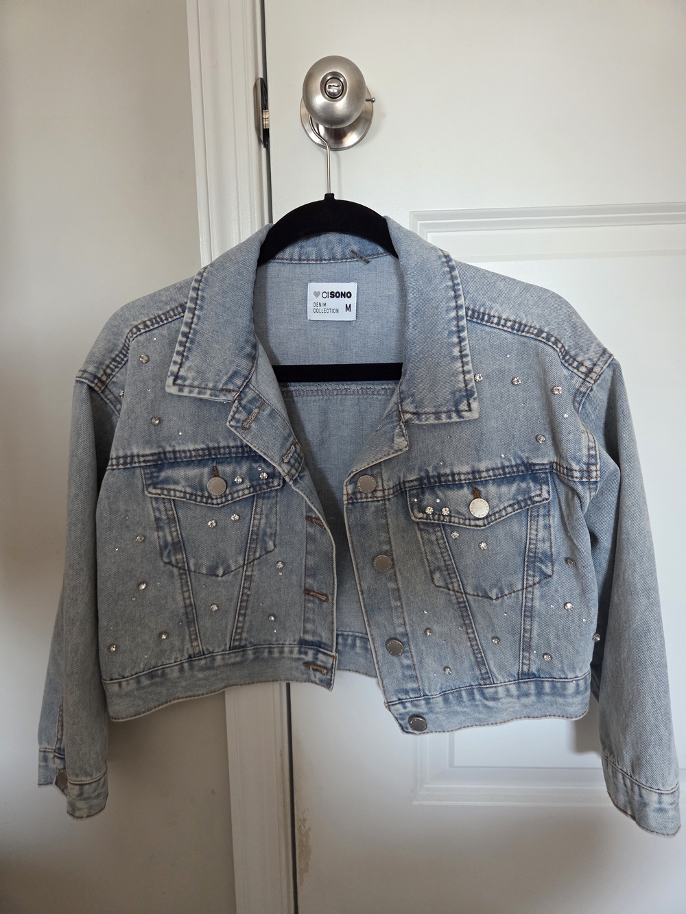 Ci Sono Light Blue Studded Cropped Denim Jacket